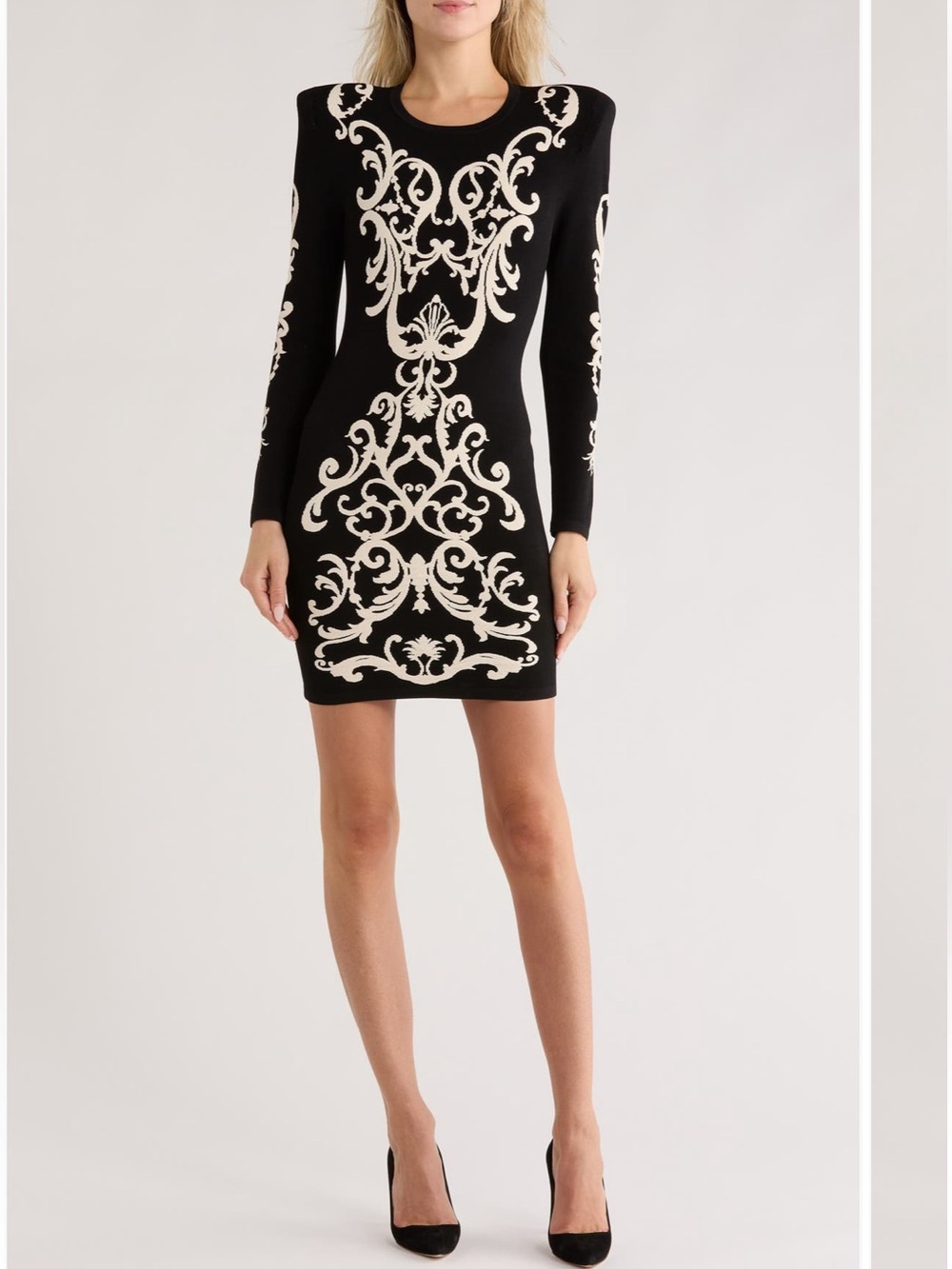 L'AGENCE Amadi Black and Cream Jacquard long sleeve Mini Dress
